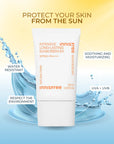 picture of innisfree intensive long lasting sunscreen ex on a water background with blue and yellow and informations