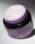 open bottle of 60 ml innisfree perfect 9 intensive cream on a black and white background