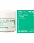 picture of innisfree green tea seed hyluronic cream next to its green box container