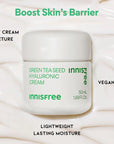 innisfree green tea seed hyaluronic cream on spread of its cream with information text on the picture