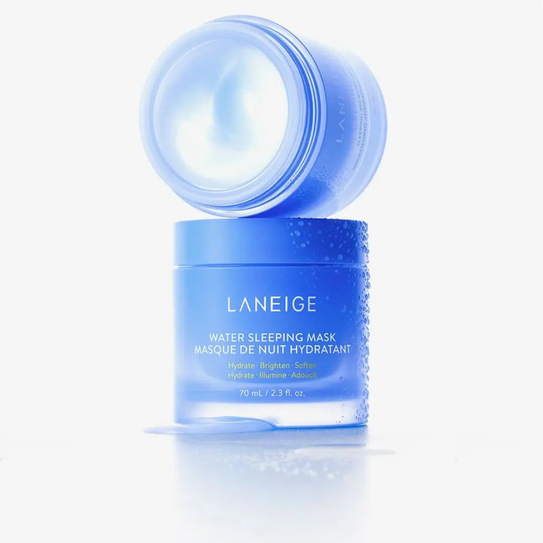 one open 70 ml bottle of Laneige water sleeping mask on another close wet box